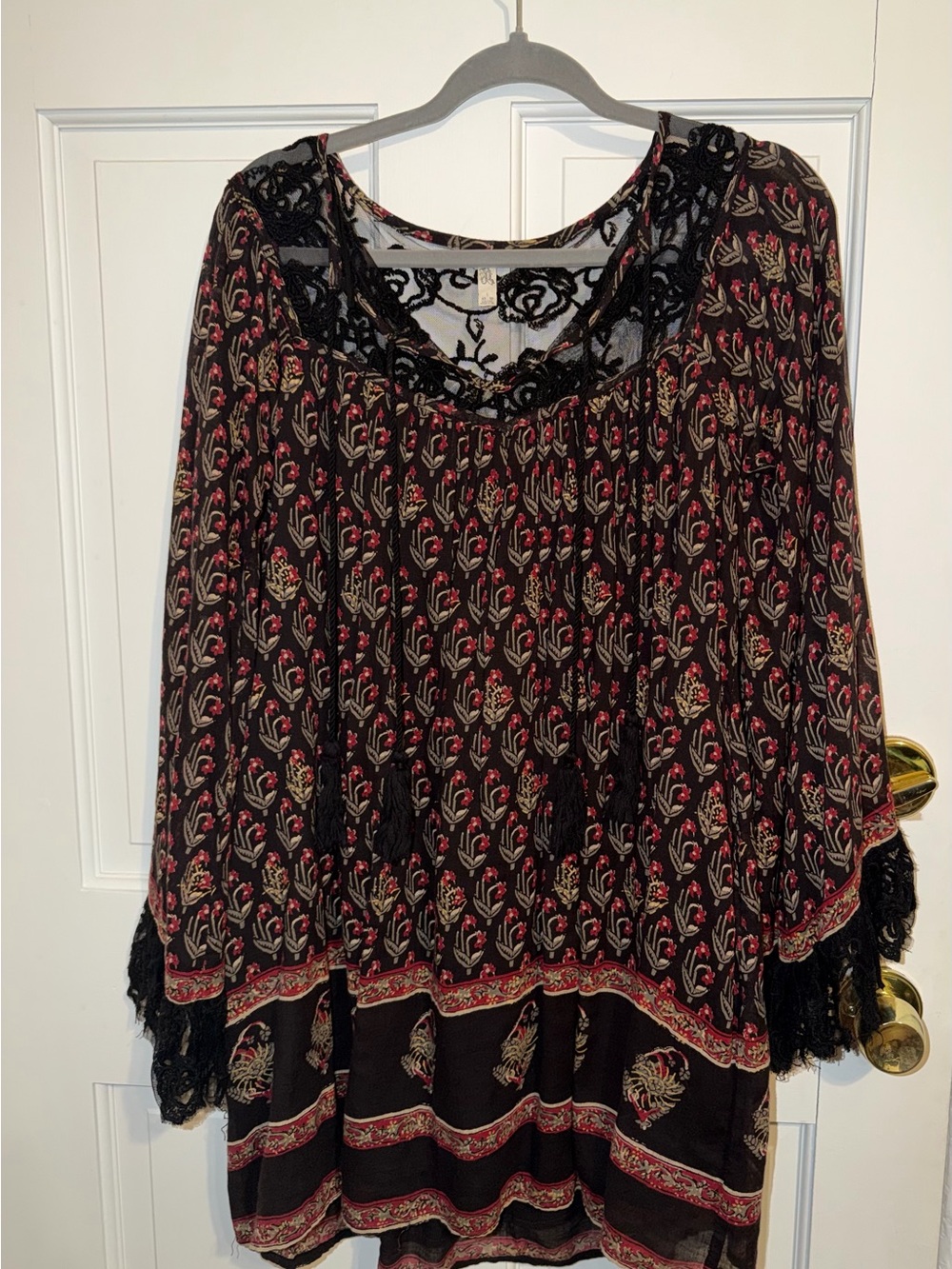 Free People Black Floral Lace-Trim Tunic with Red and Cream Accents